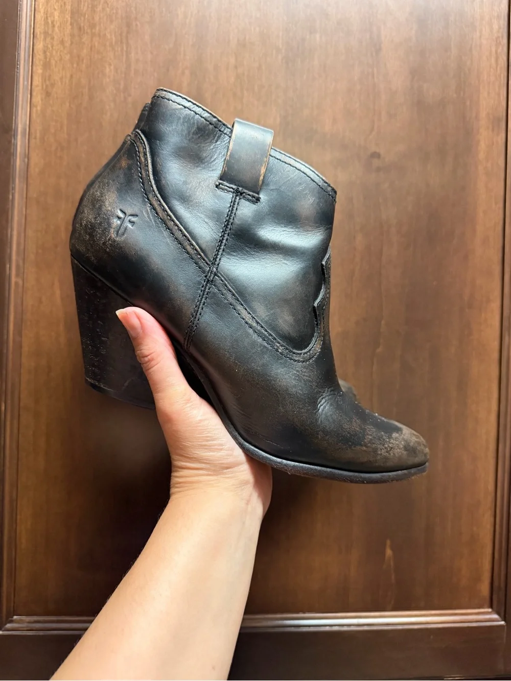 Frye Black Distressed Leather Ankle Booties